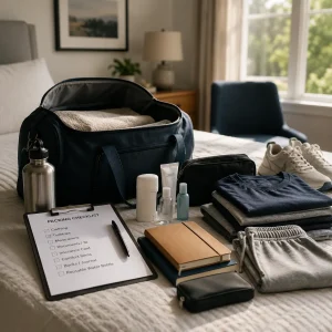 Packed duffel bag on a bed with clothing, toiletries, notebooks, and essentials for an inpatient rehab stay.