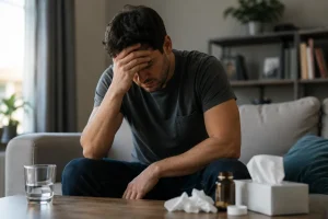 Man sitting on a couch experiencing alcohol withdrawal symptoms, showing signs of stress and discomfort in a home setting.