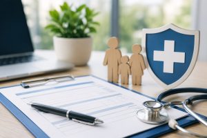 Insurance verification form with medical paperwork, stethoscope, and family figures on a desk representing detox treatment coverage and benefits.