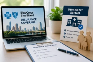 Laptop displaying health insurance coverage information beside an insurance verification form and inpatient rehab checklist, representing Blue Cross Blue Shield rehab coverage.